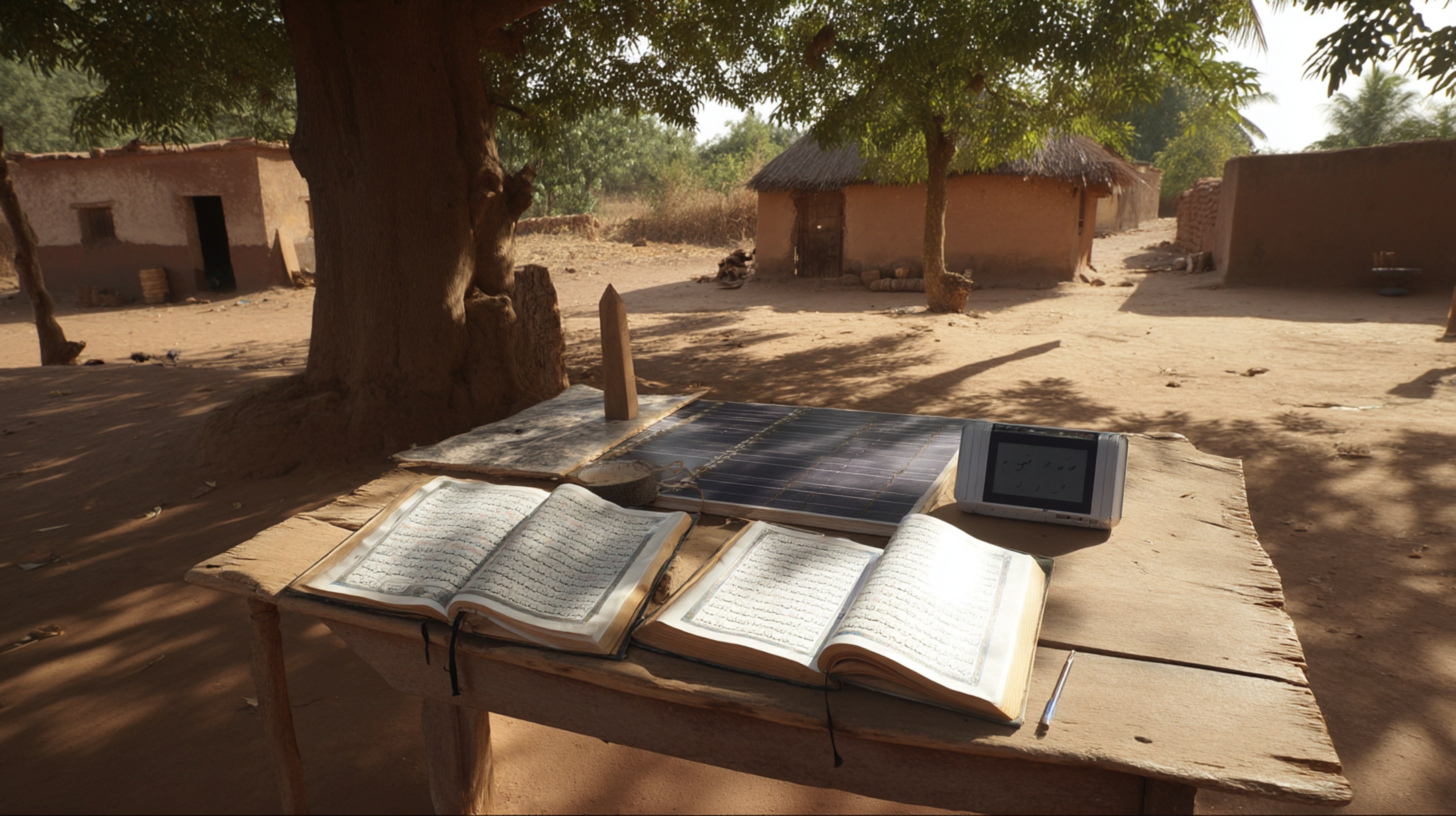 NUR Islamic learning kit on table in African village with Quran and solar panel