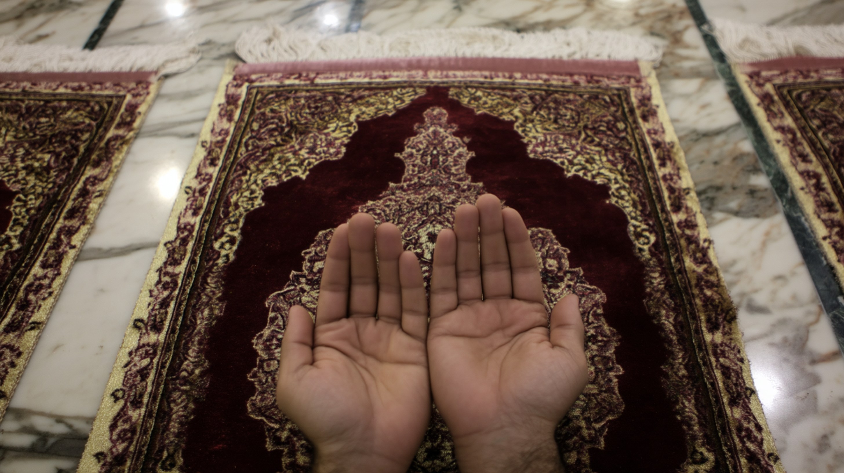 Hands raised in dua supplication on ornate prayer rug in mosque