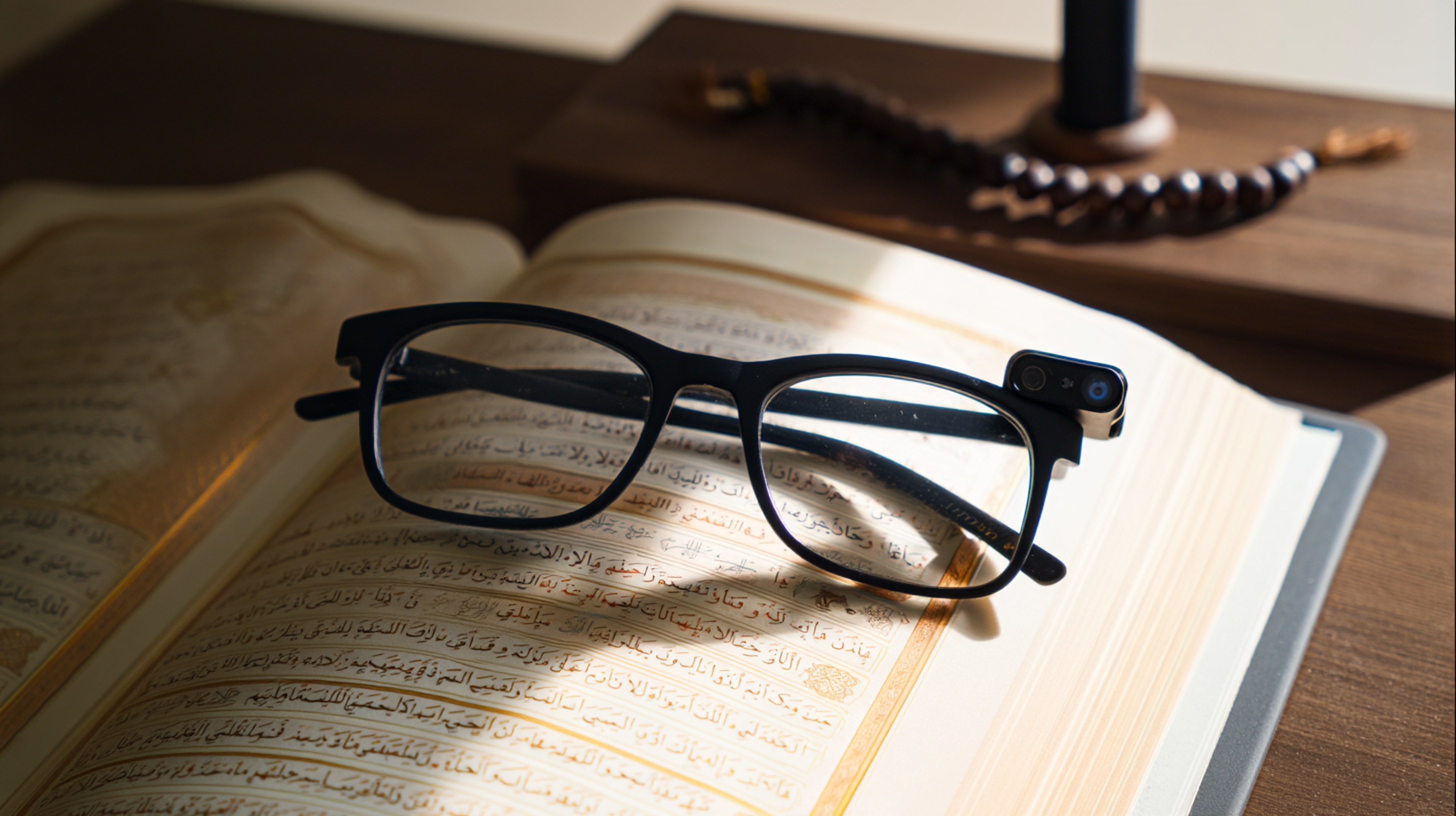 NUR Smart Glasses resting on open Quran page with tasbih prayer beads