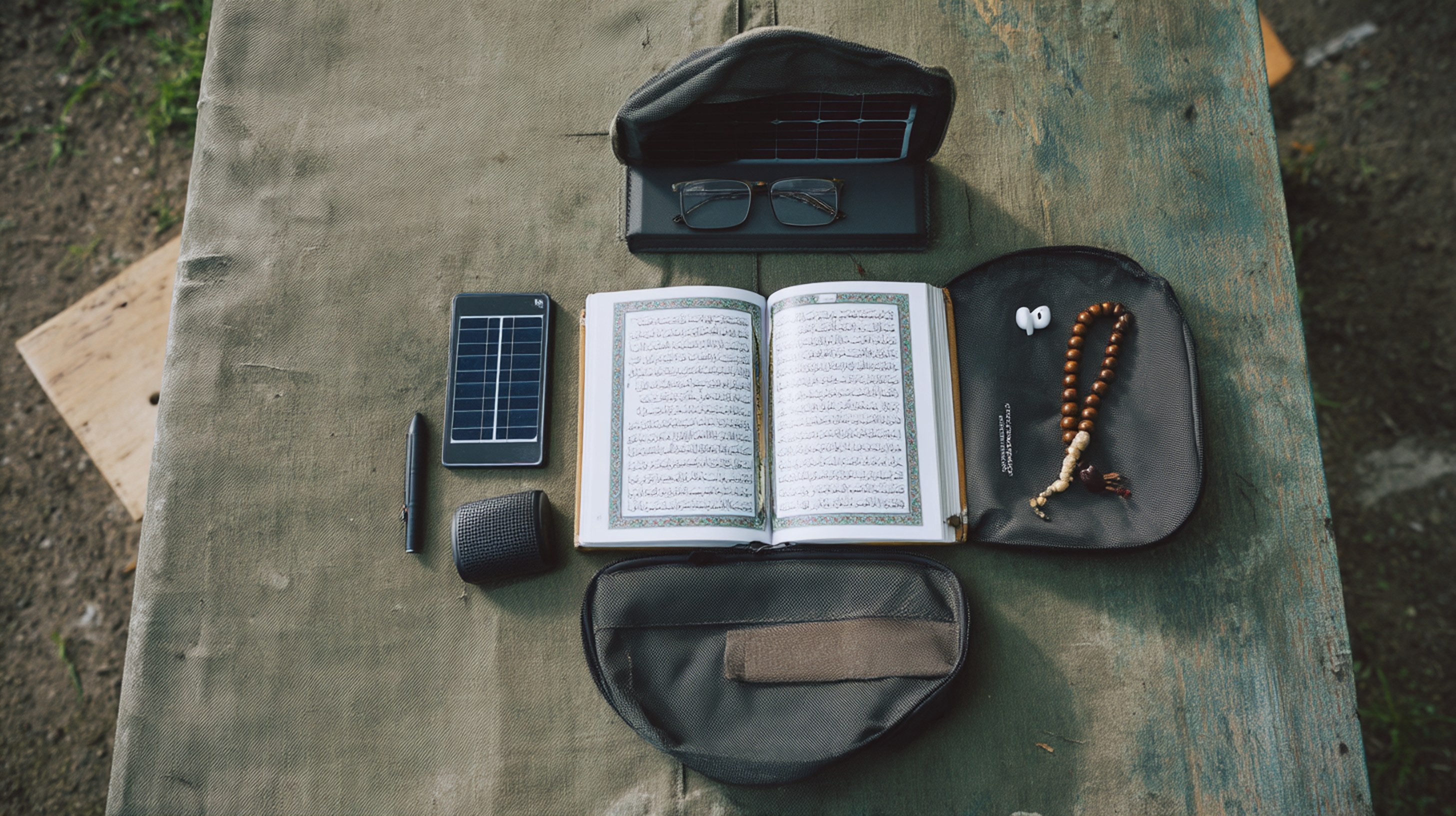 NUR Off-Grid Kit with open Quran, tasbih, solar panel on outdoor table