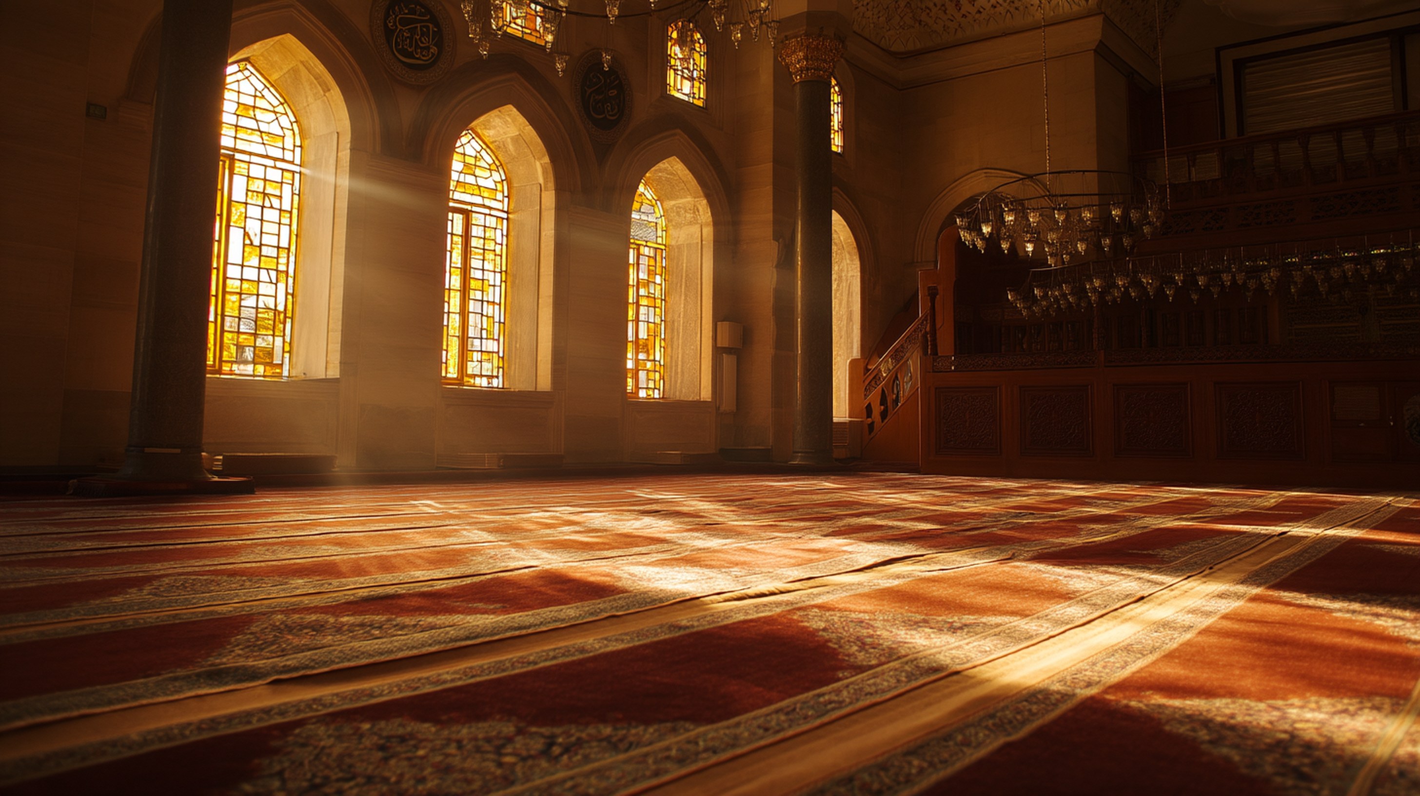 Serene mosque interior with ornate prayer rugs, arched windows and morning light