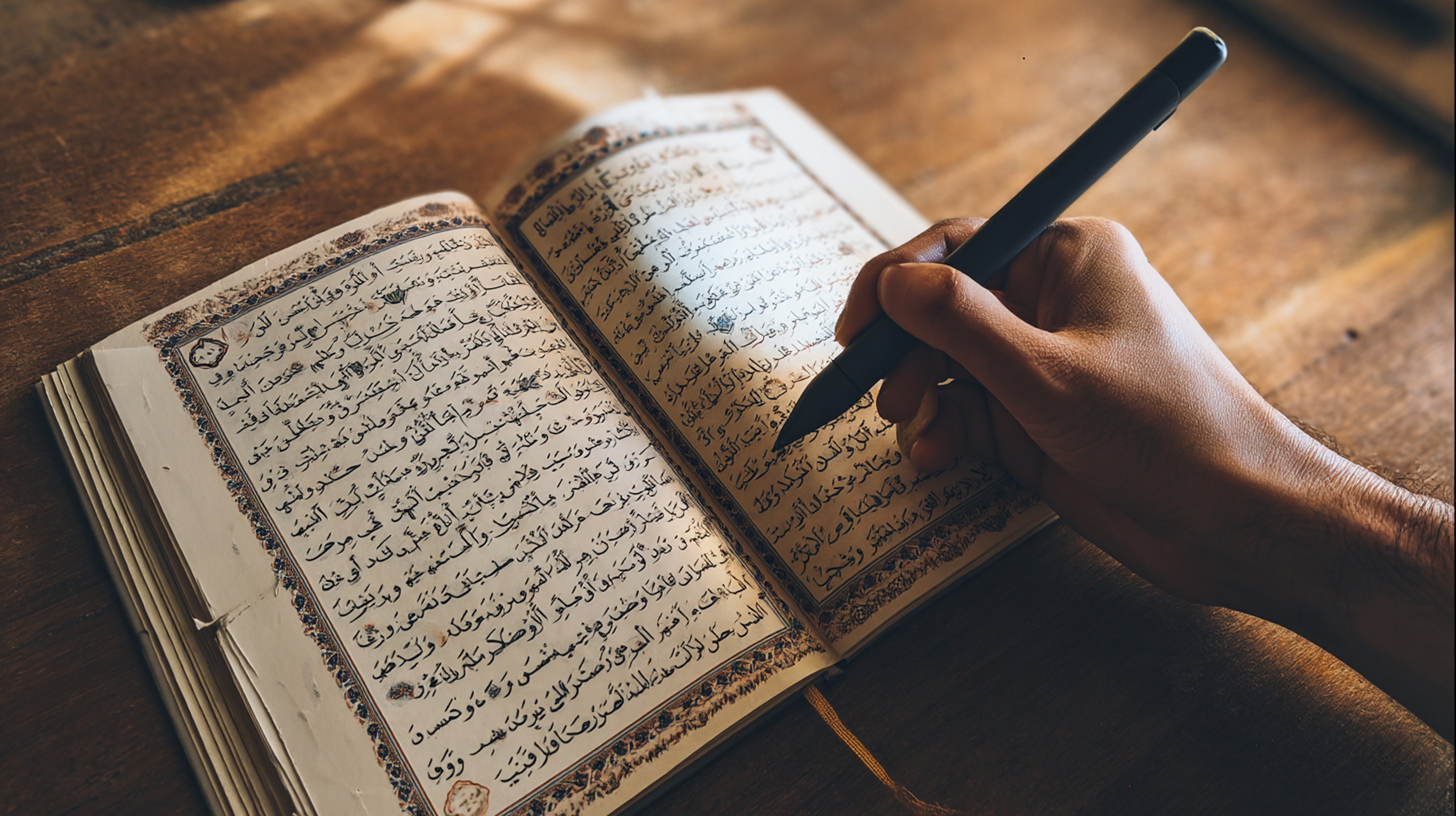 Hands using NUR Smart Pen on open Quran with warm desk lamp lighting