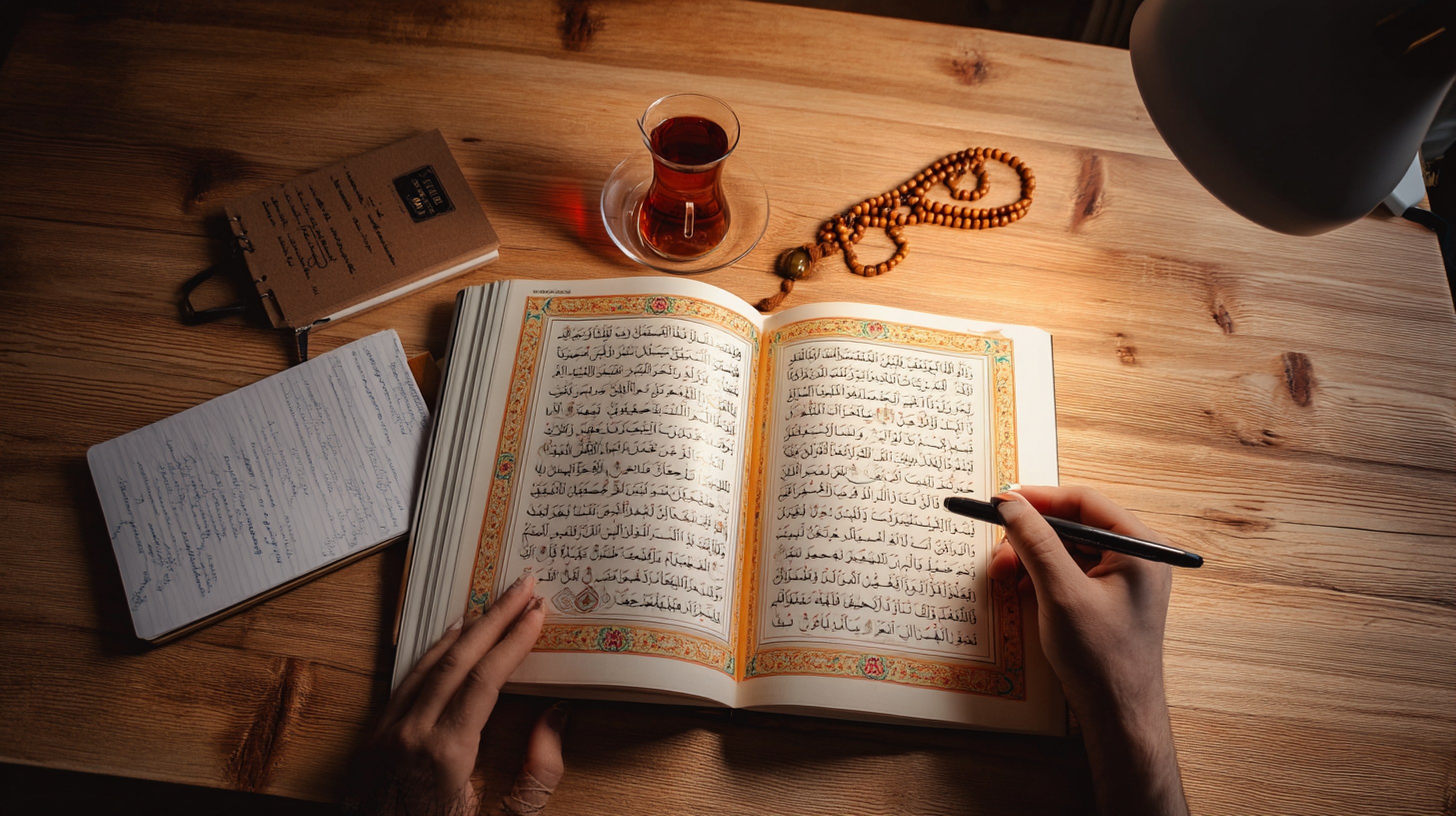 First-person POV studying Hadith with NUR pen, tea cup and notebook on wooden desk