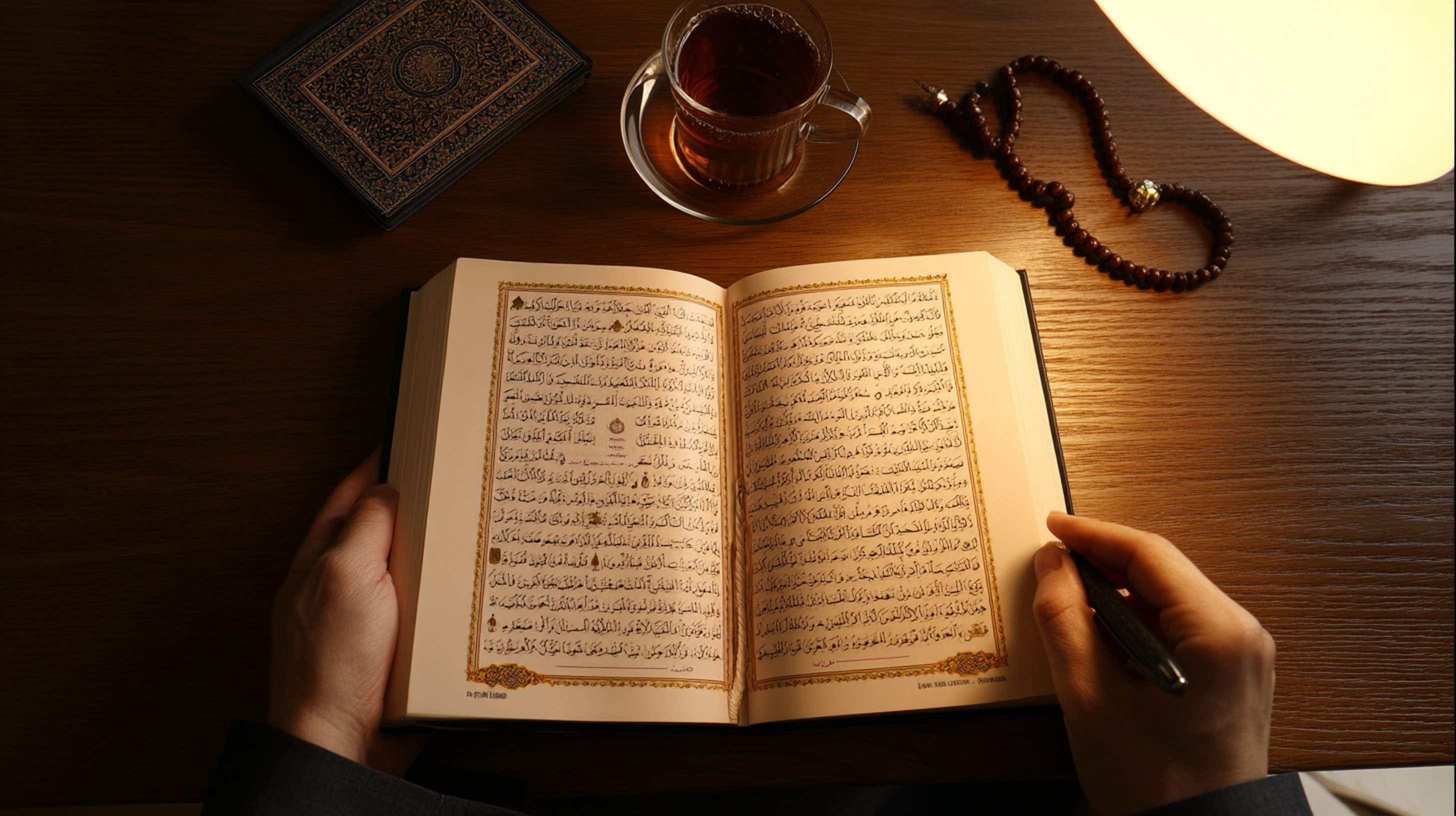First-person POV looking down at open Quran while studying
