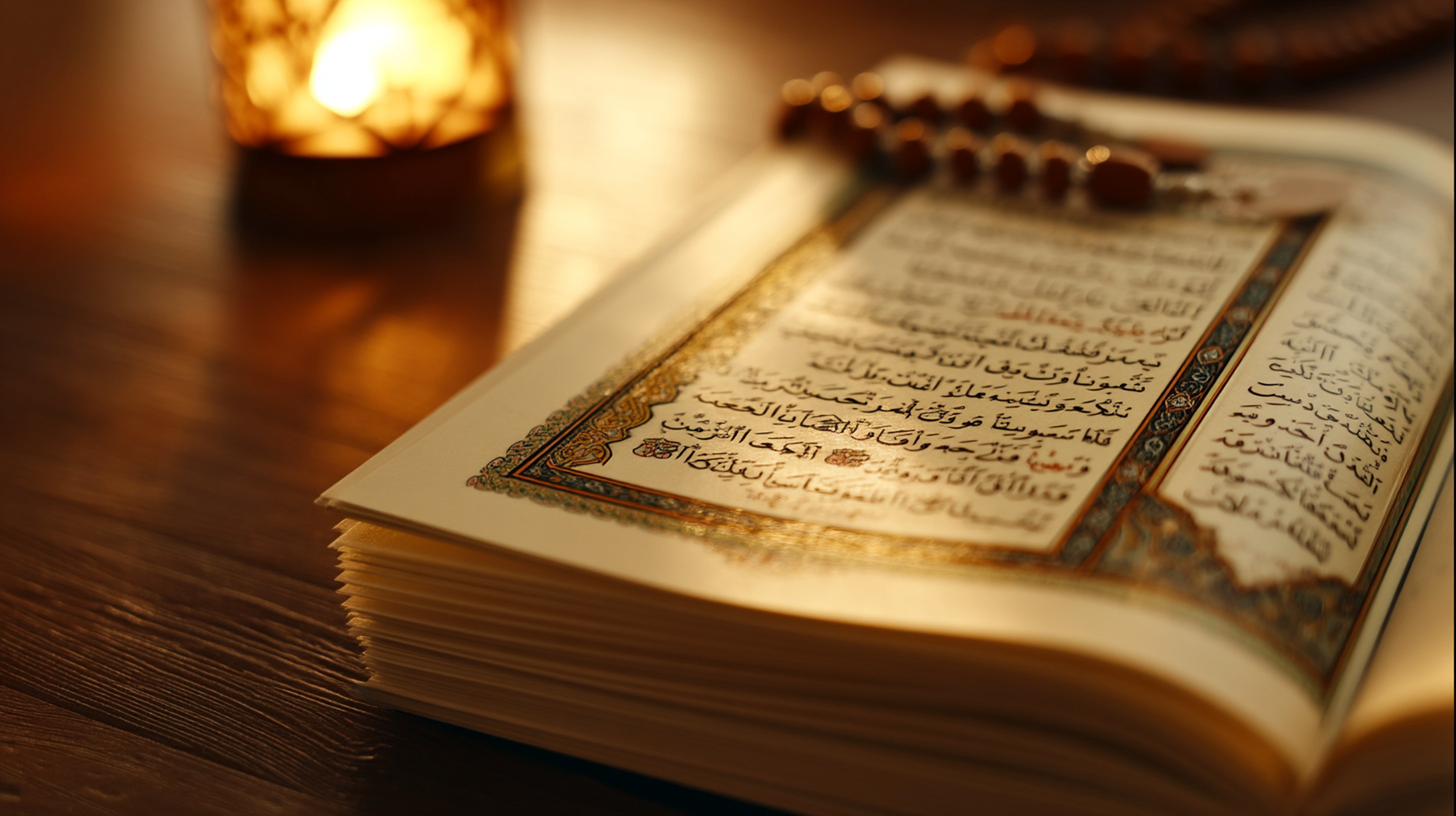 Open Quran with golden page borders, tasbih beads, and warm candlelight